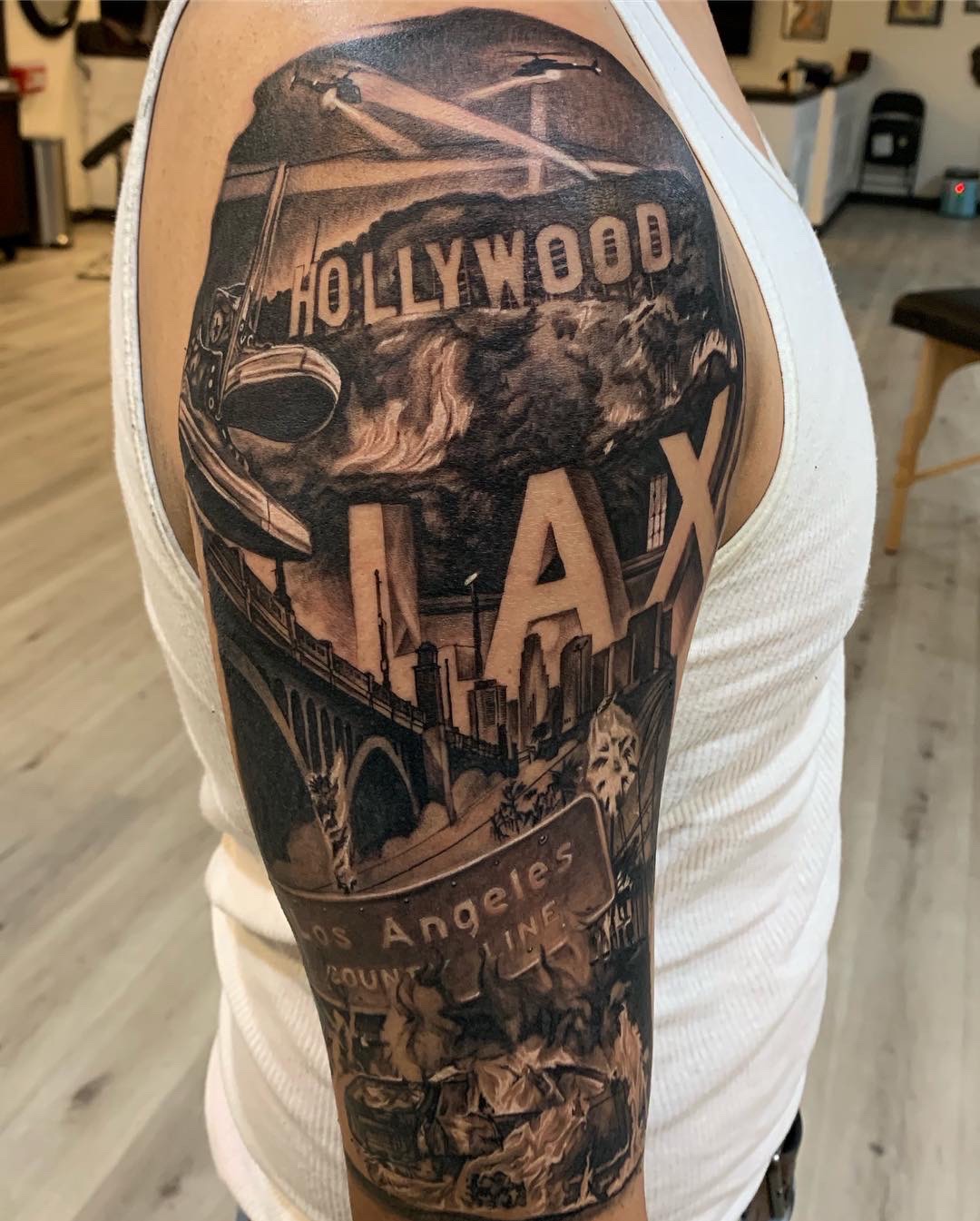 Black & Grey + Realism los angeles tattoo on Upper Arm by D-Artist on TattMe