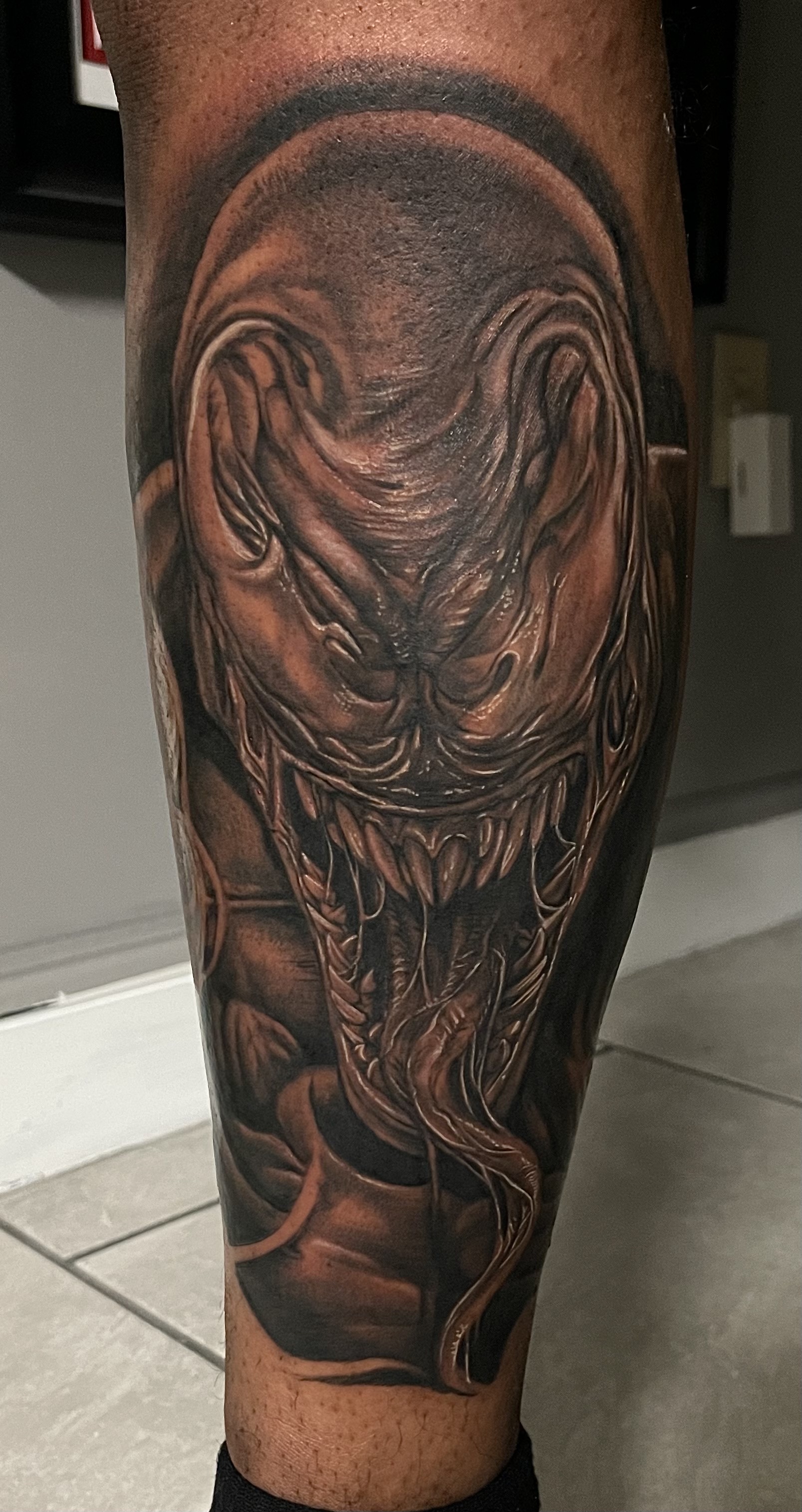 Black & Grey + Realism venom tattoo on Calf by D-Artist on TattMe