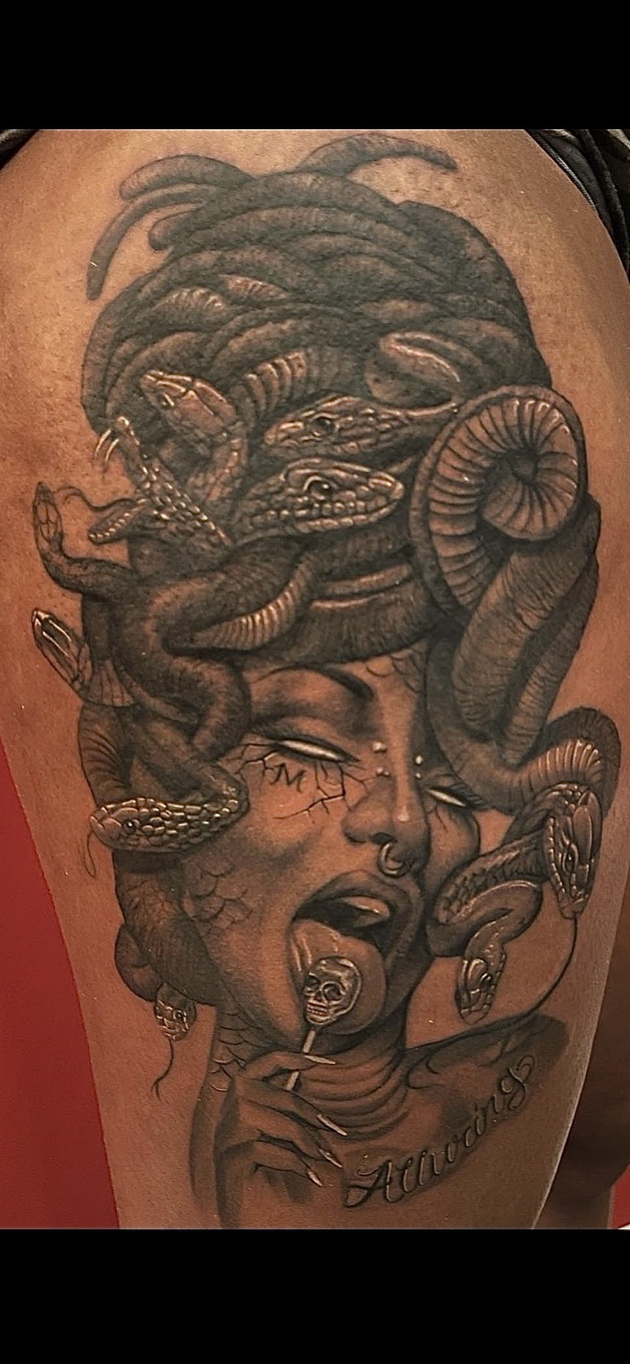 Black & Grey + Illustrative medusa tattoo on Thigh by D-Artist on TattMe