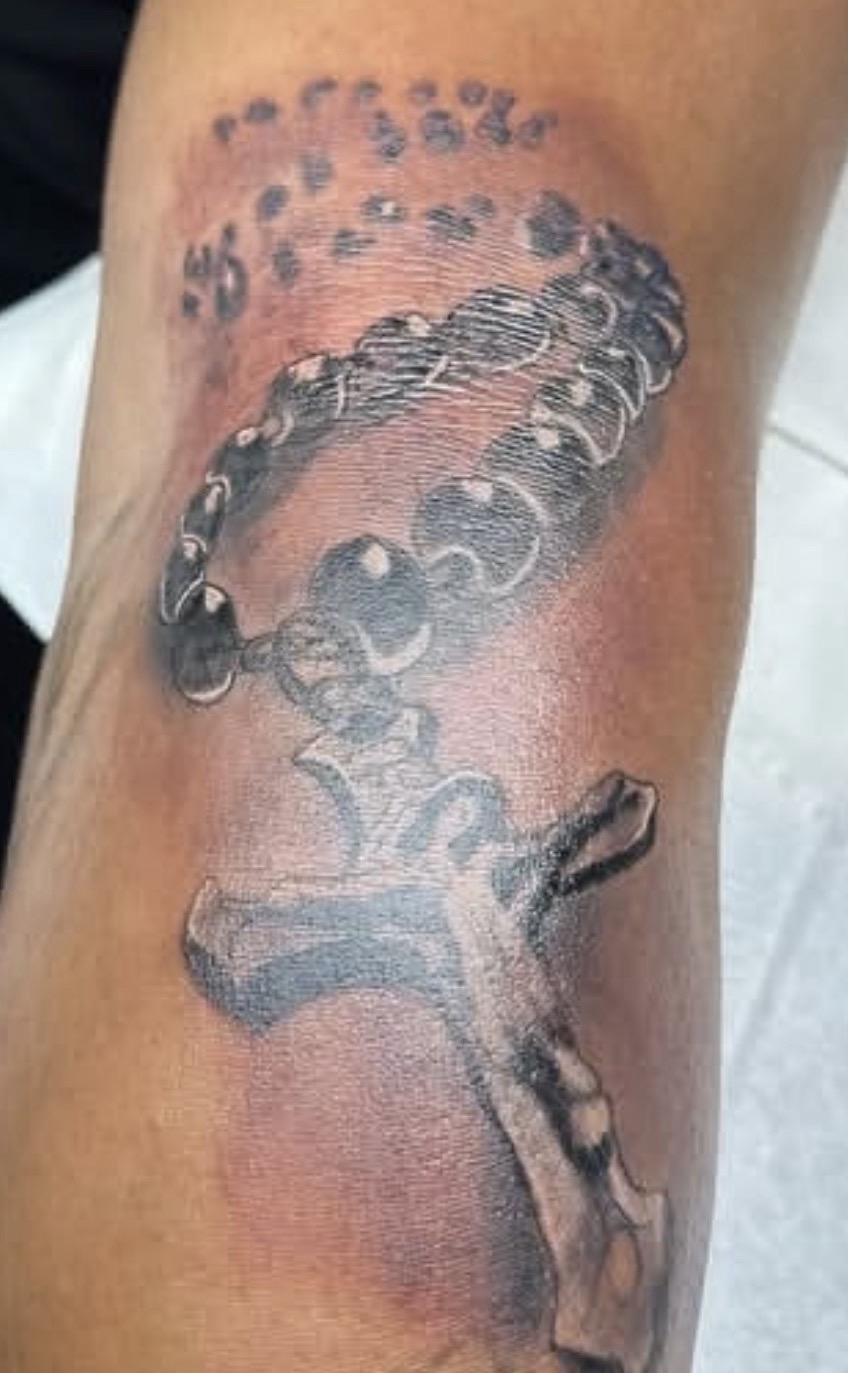 Black & Grey + Illustrative rosary tattoo on Forearm by gq_ink on TattMe