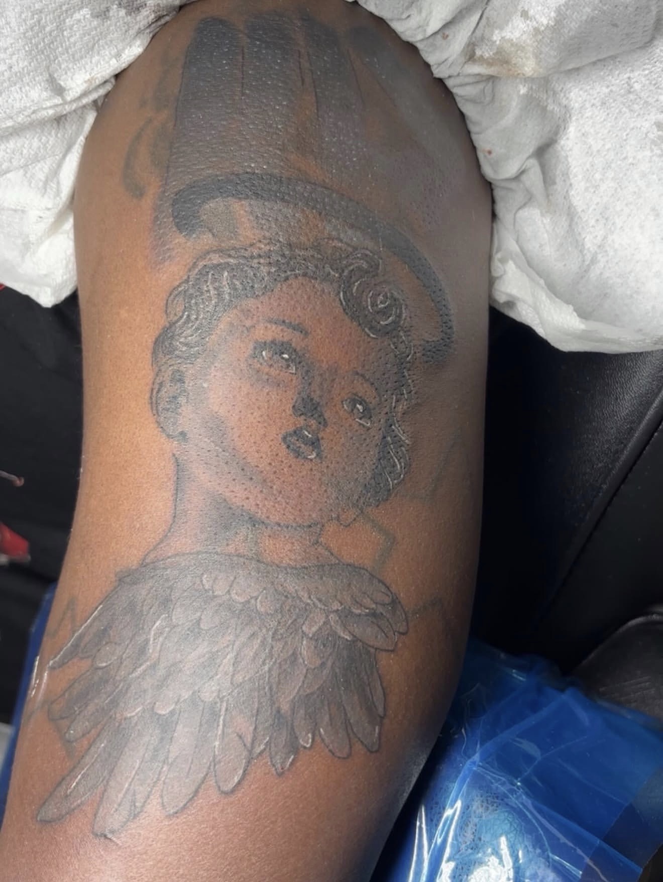 Black & Grey + Illustrative angel tattoo on Upper Arm by gq_ink on TattMe