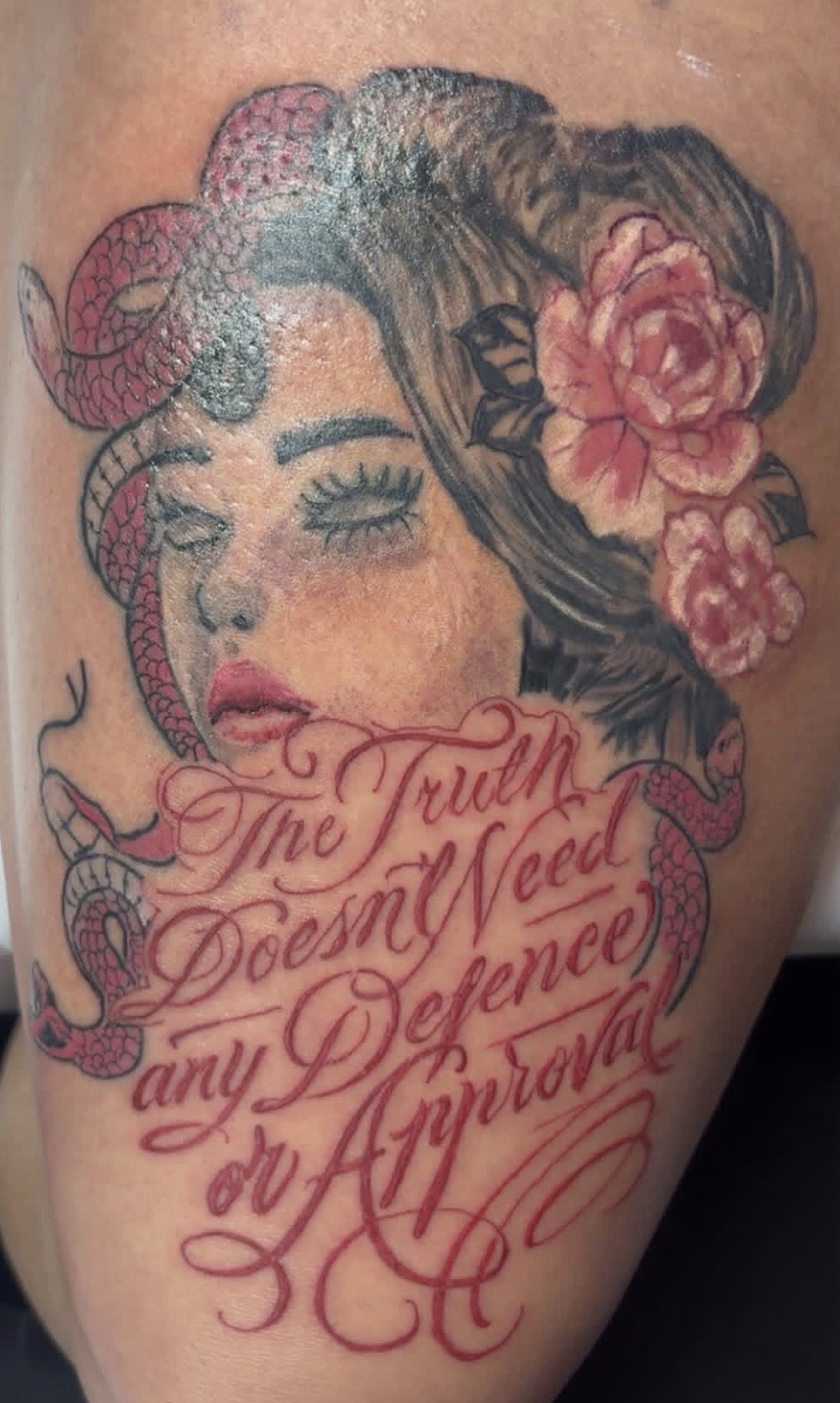 Lettering + Script woman tattoo on Thigh by gq_ink on TattMe