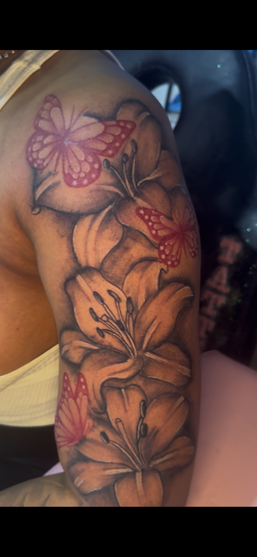 Floral + Black & Grey butterflies tattoo on Half Sleeve by InkhyTatts on TattMe