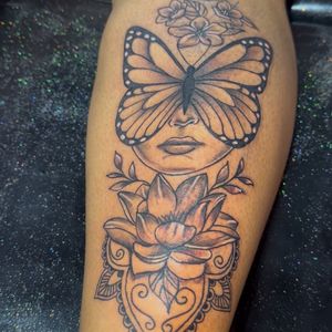 Fine Line + Black & Grey butterfly tattoo on Calf by InkhyTatts on TattMe