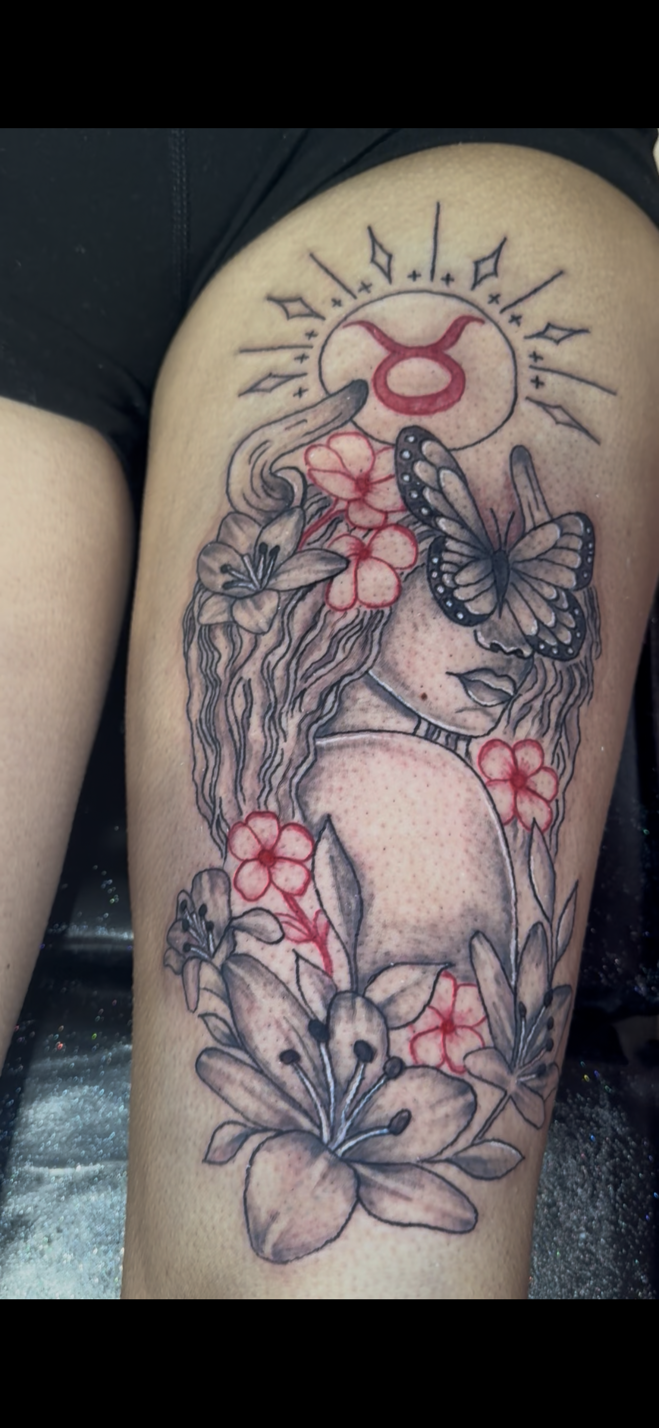 Illustrative + Floral woman tattoo on Thigh by InkhyTatts on TattMe