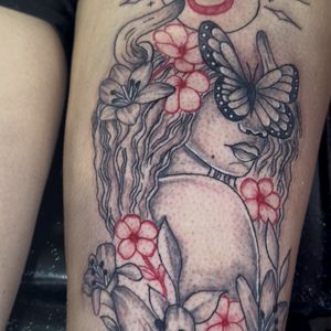 Illustrative + Floral woman tattoo on Thigh by InkhyTatts on TattMe