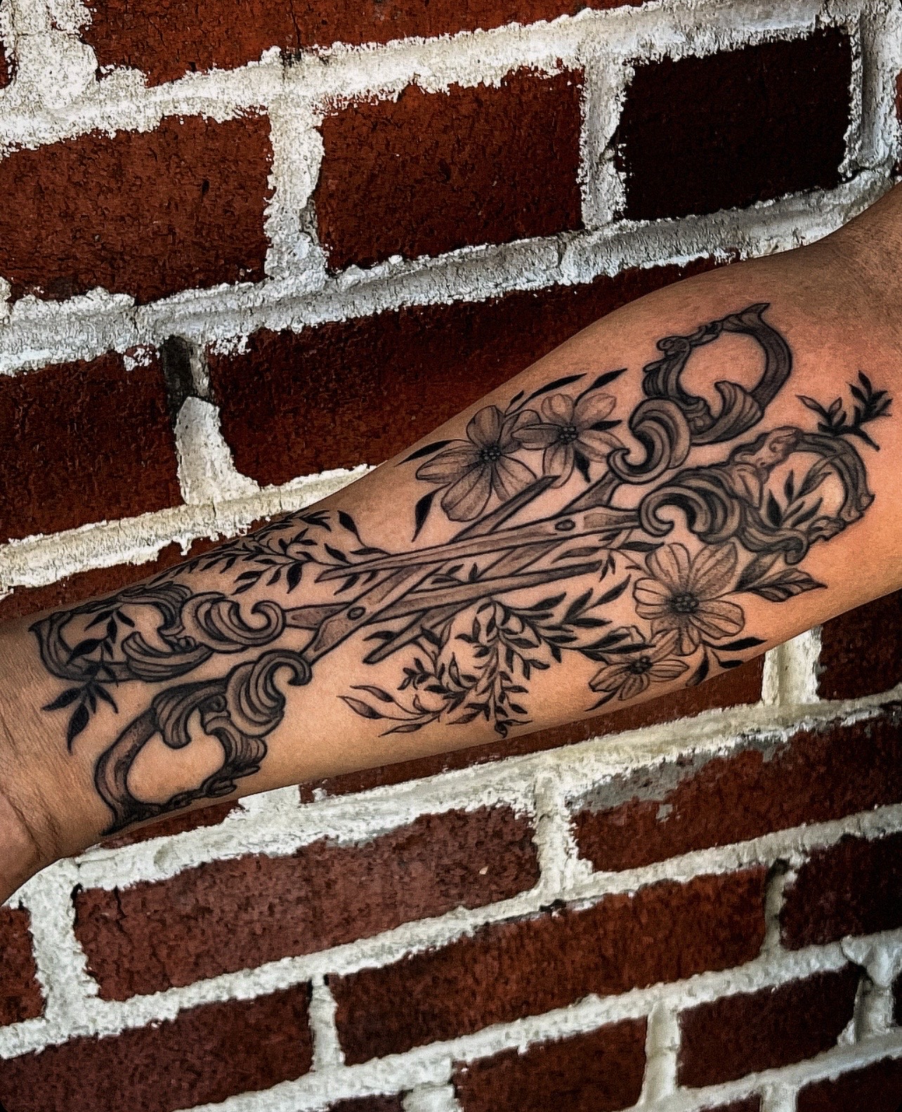 Black & Grey + Illustrative scissors tattoo on Forearm by Q_tattoo on TattMe