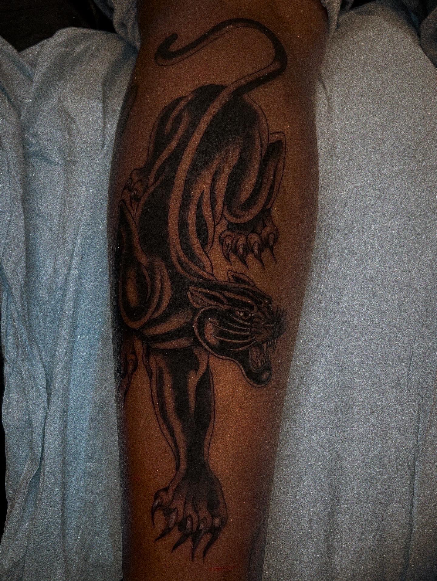 Black-work + Neo-Traditional panther tattoo on Calf by Q_tattoo on TattMe
