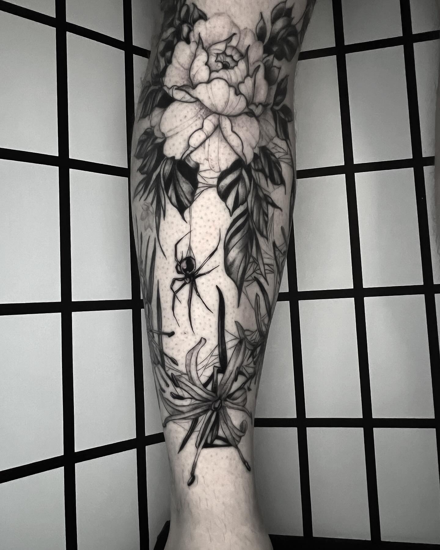 Black & Grey + Illustrative peony tattoo on Calf by Q_tattoo on TattMe