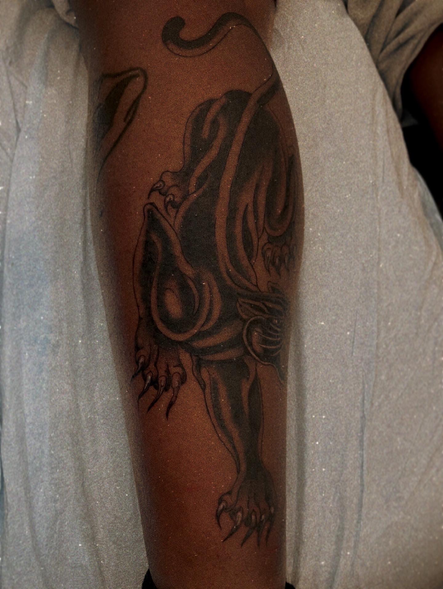 Black-work + Traditional panther tattoo on Calf by Q_tattoo on TattMe