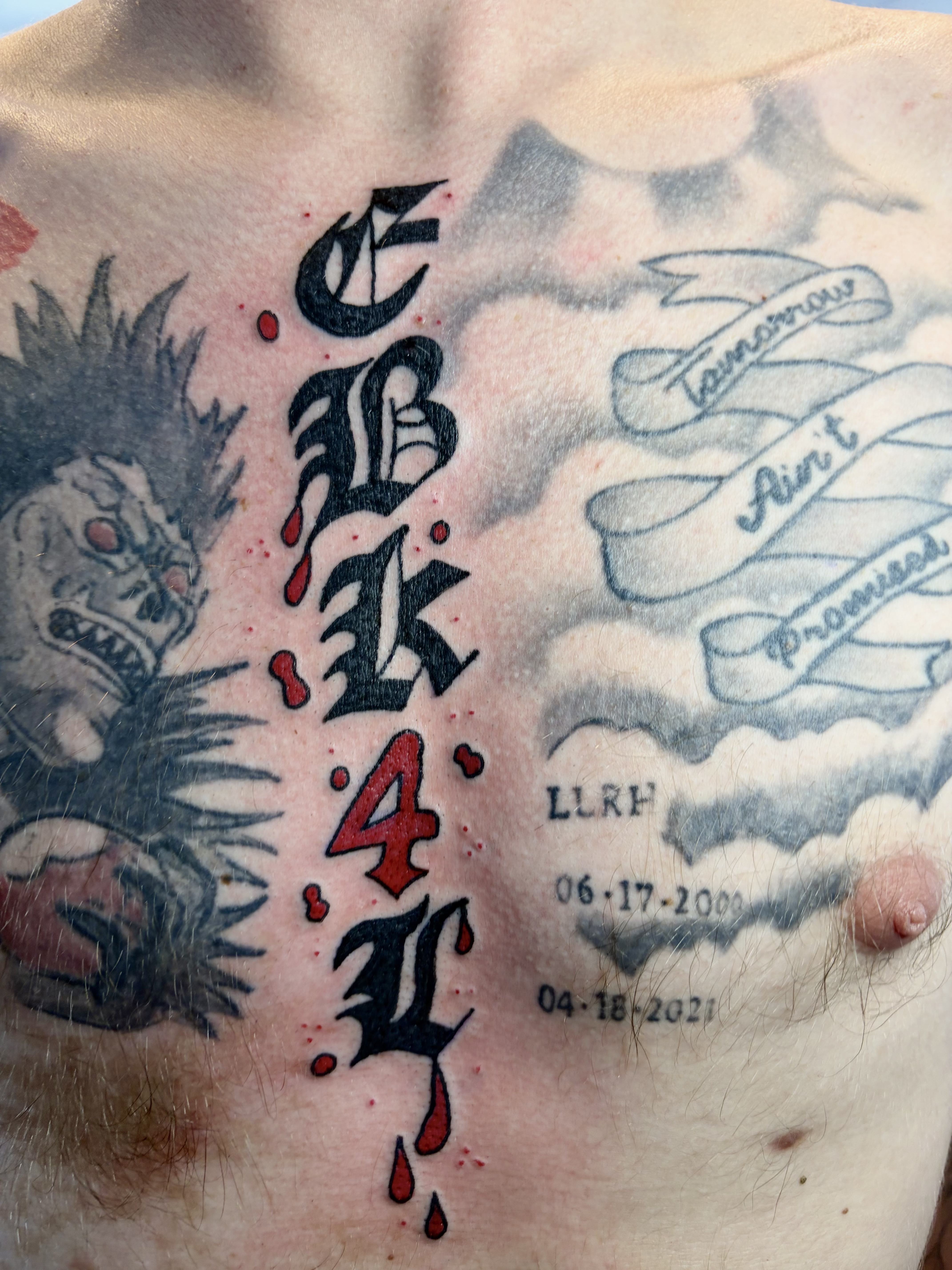 Lettering + Black & Grey letters tattoo on Sternum by Meaney_Tattoos_06 on TattMe