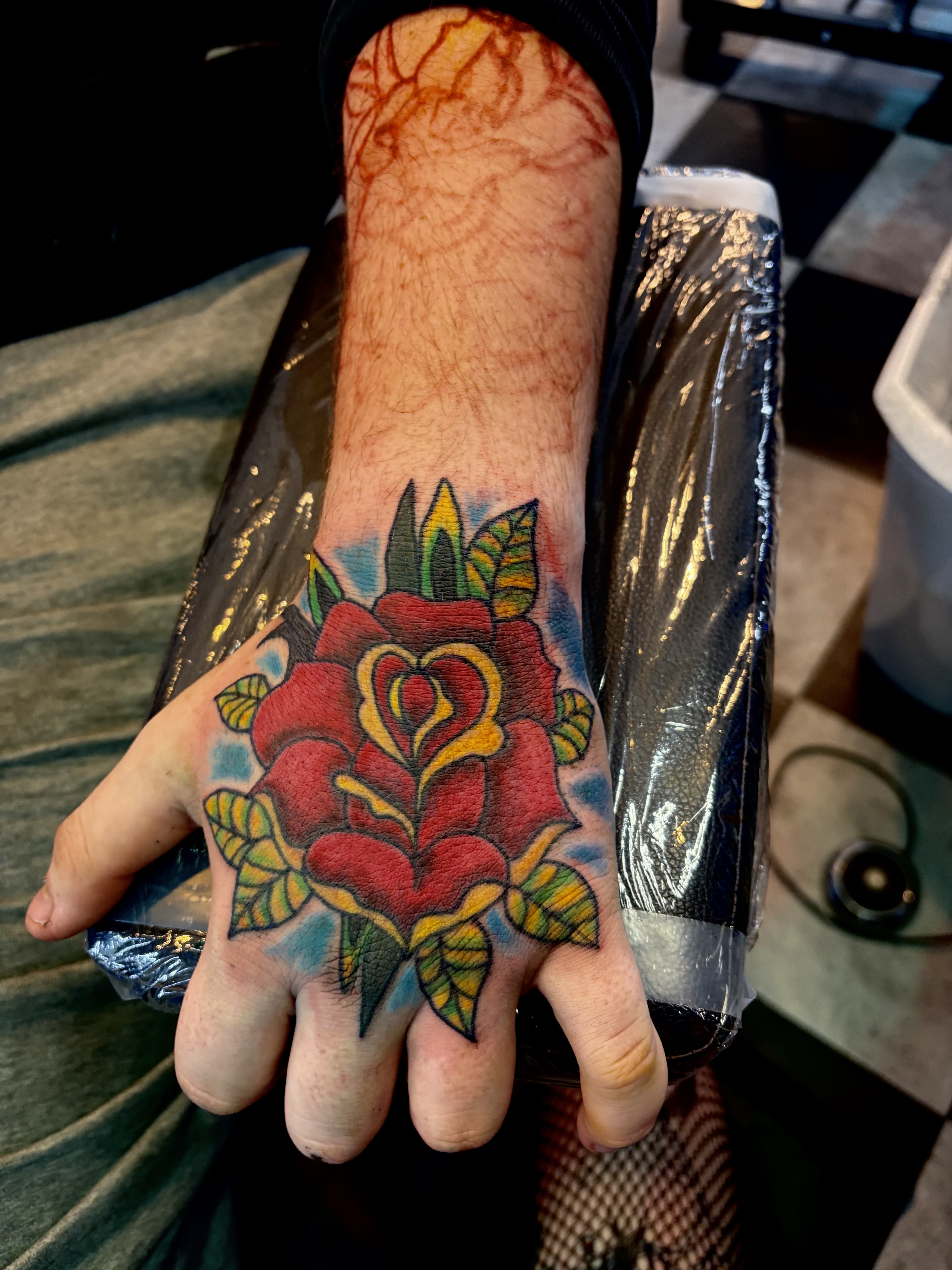 Traditional + American Traditional rose tattoo on Hand by Meaney_Tattoos_06 on TattMe