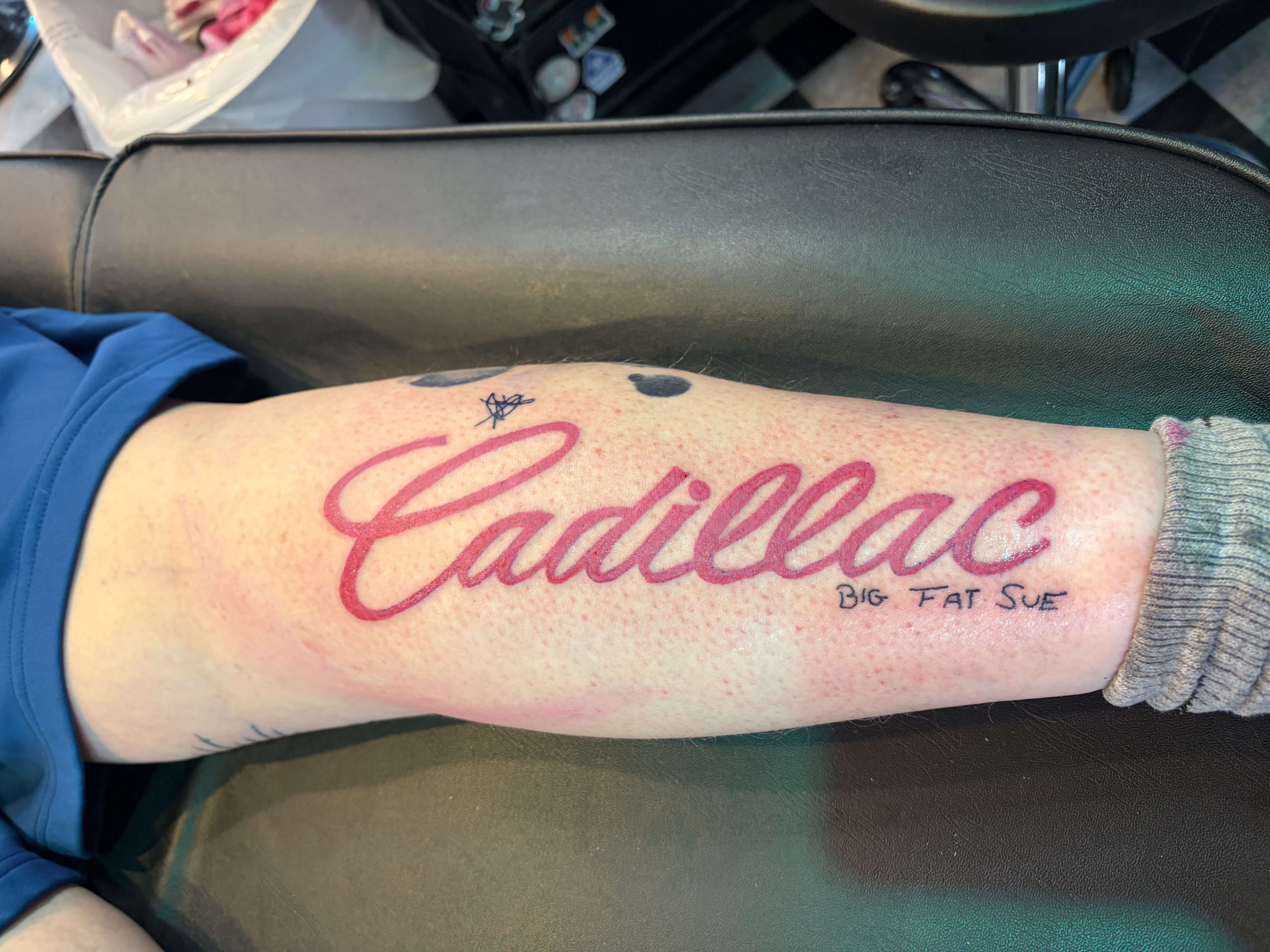 Lettering + Script cadillac tattoo on Calf by Meaney_Tattoos_06 on TattMe