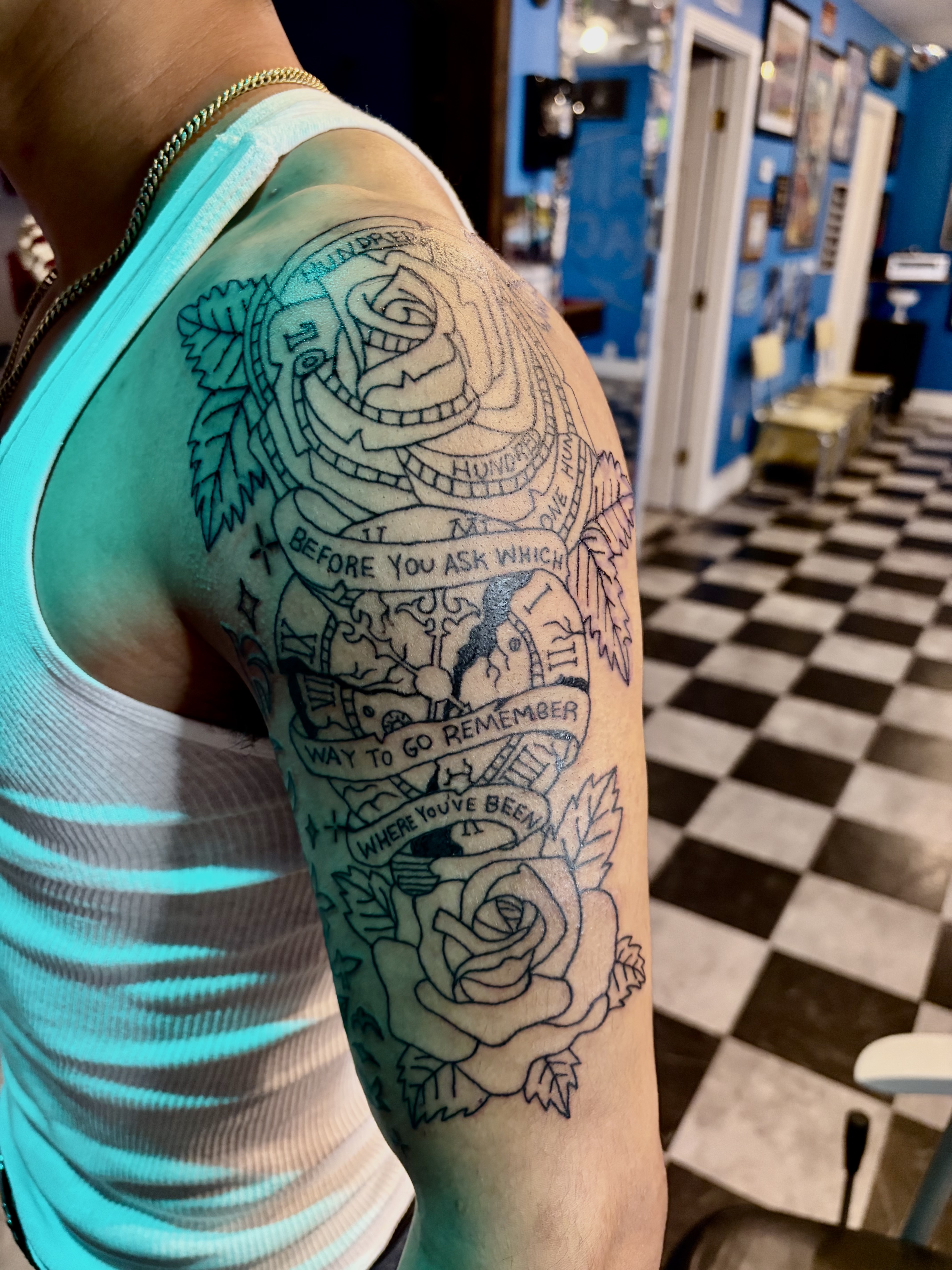 Illustrative + Line-work roses tattoo on Upper Arm by Meaney_Tattoos_06 on TattMe