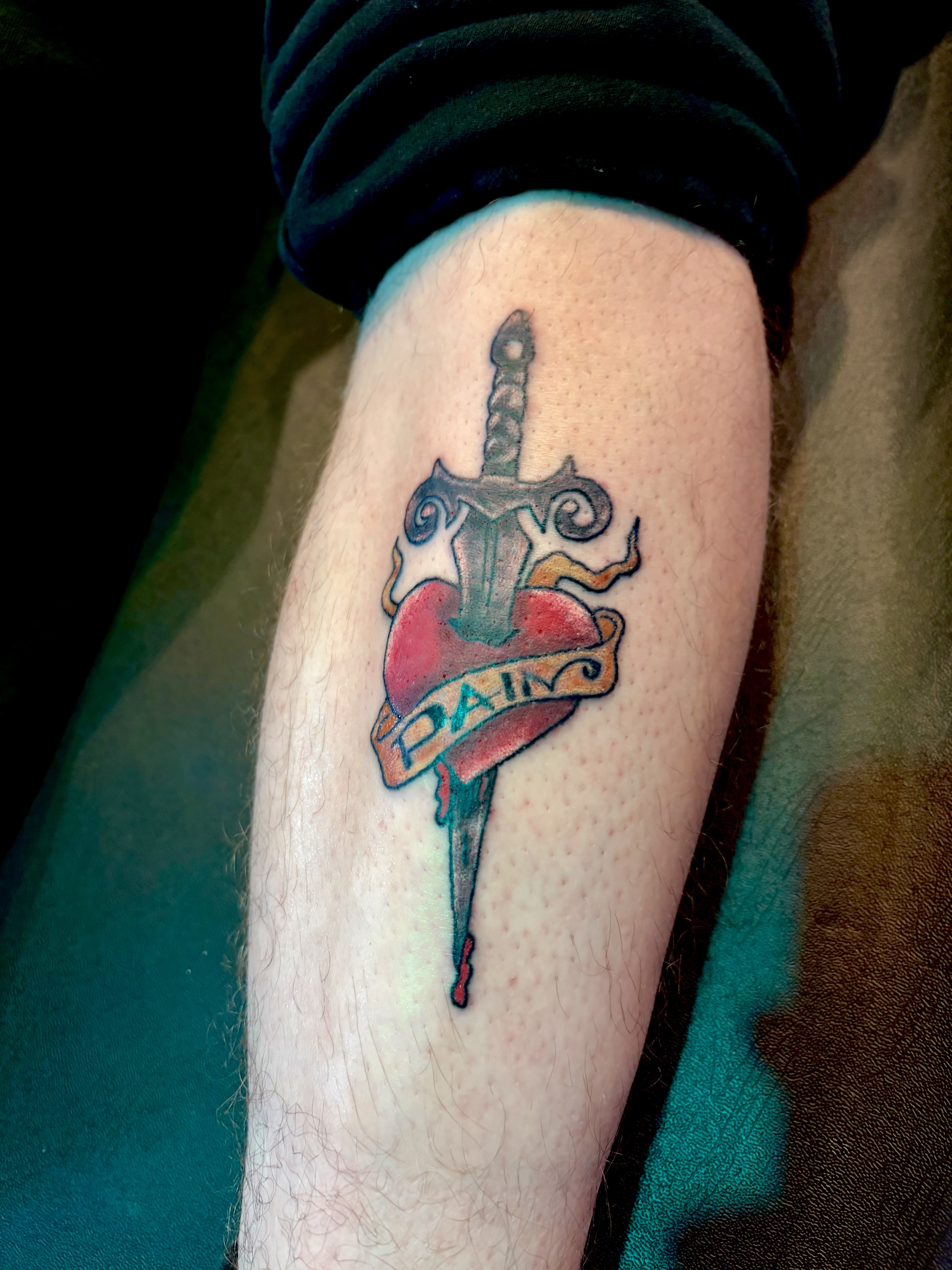Traditional + American Traditional heart tattoo on Calf by Meaney_Tattoos_06 on TattMe