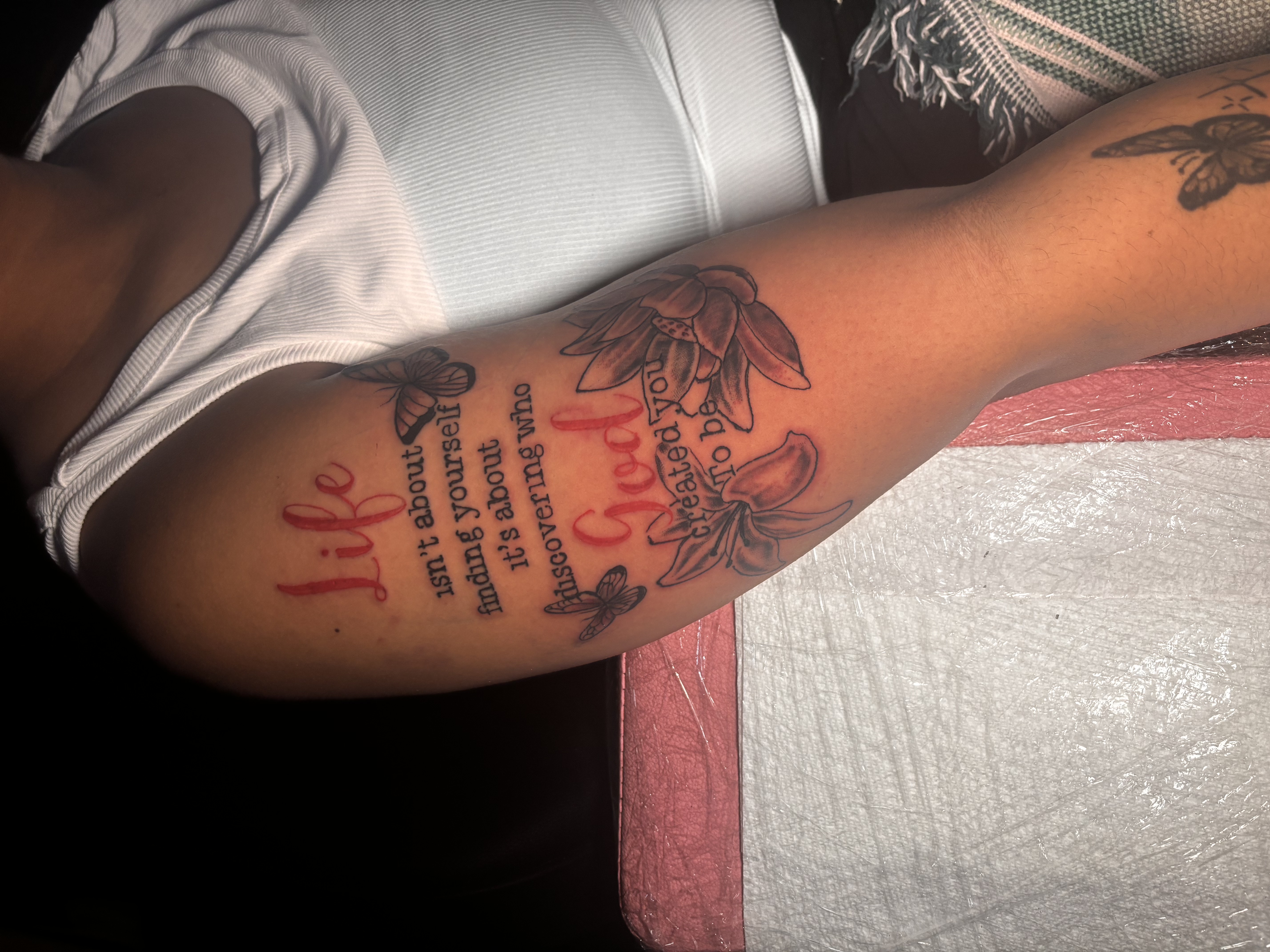 Lettering + Script text tattoo on Upper Arm by Murda_Innk on TattMe