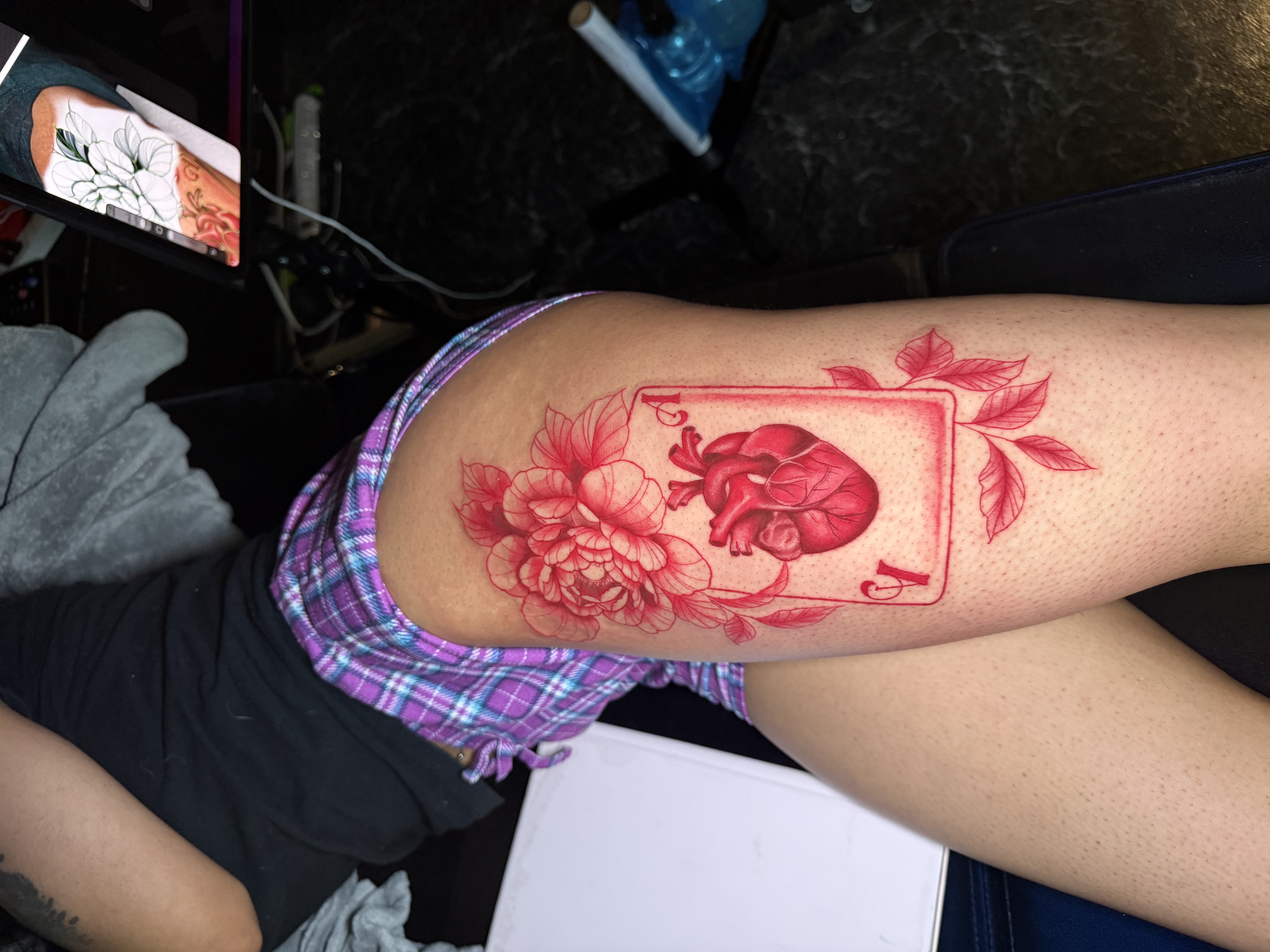 Floral + Illustrative heart tattoo on Thigh by nayasTats on TattMe