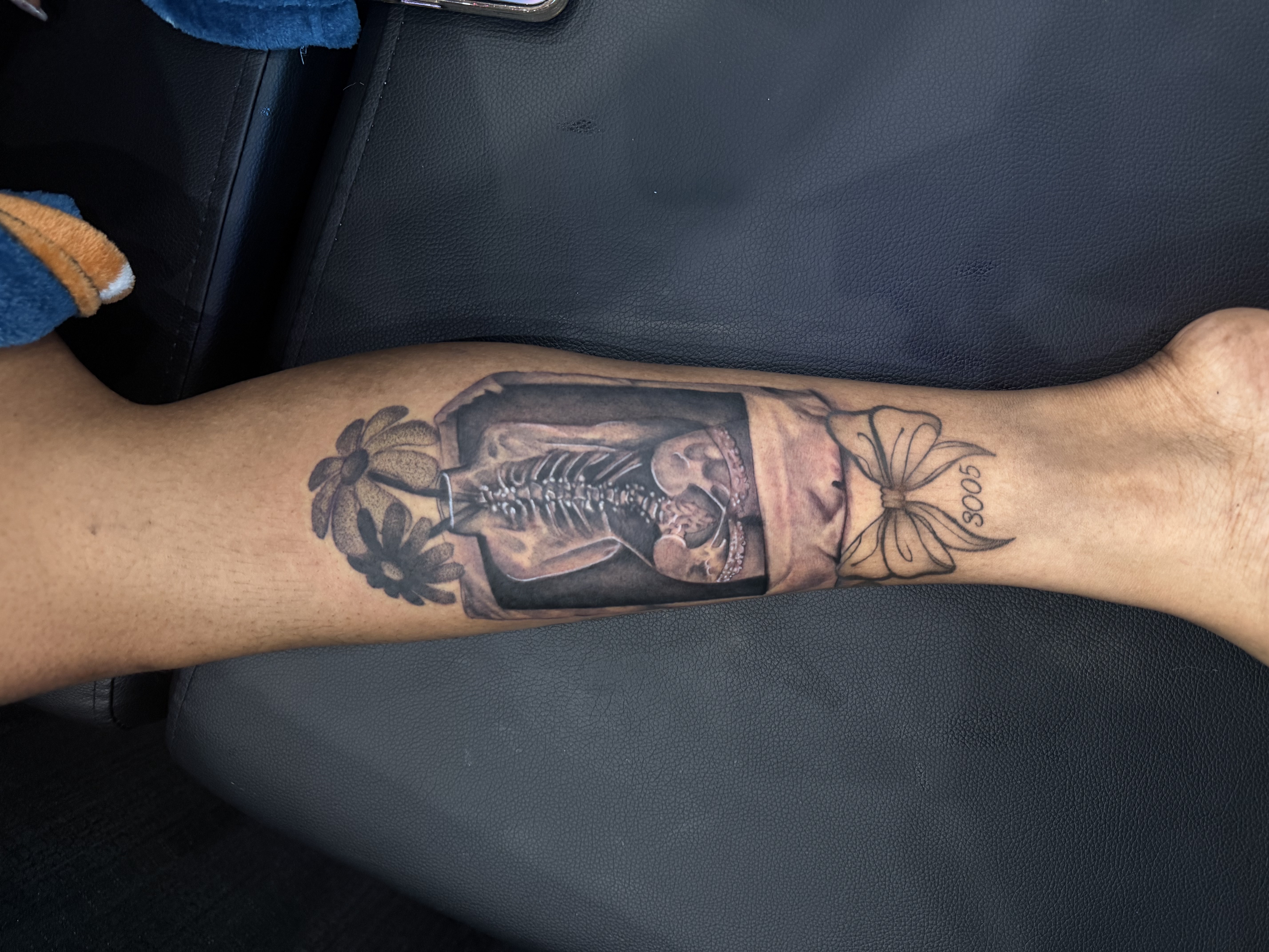 Black & Grey + Realism skeleton tattoo on Calf by nayasTats on TattMe