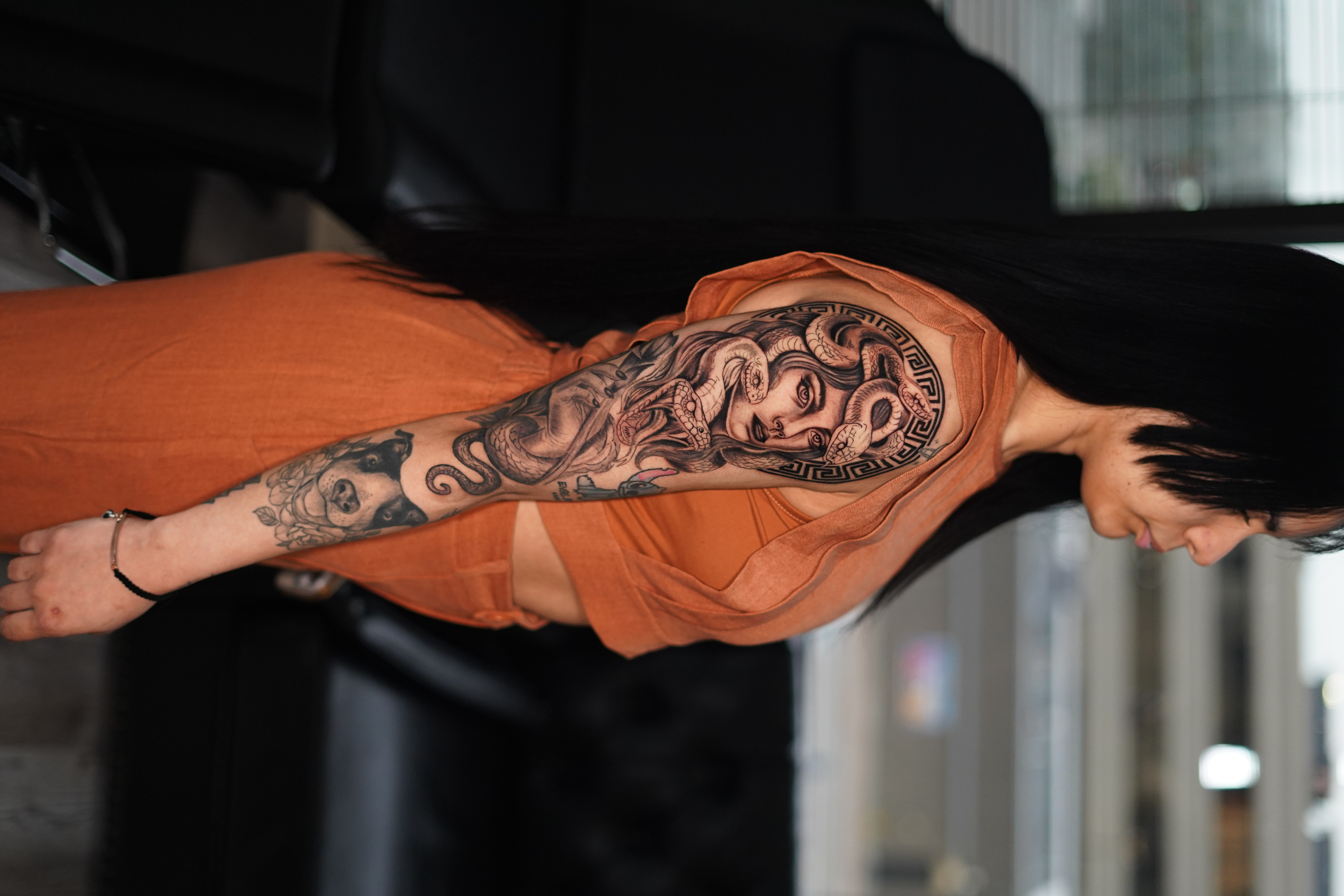 Black & Grey + Realism medusa tattoo on Full Sleeve by victorm.tattoo on TattMe