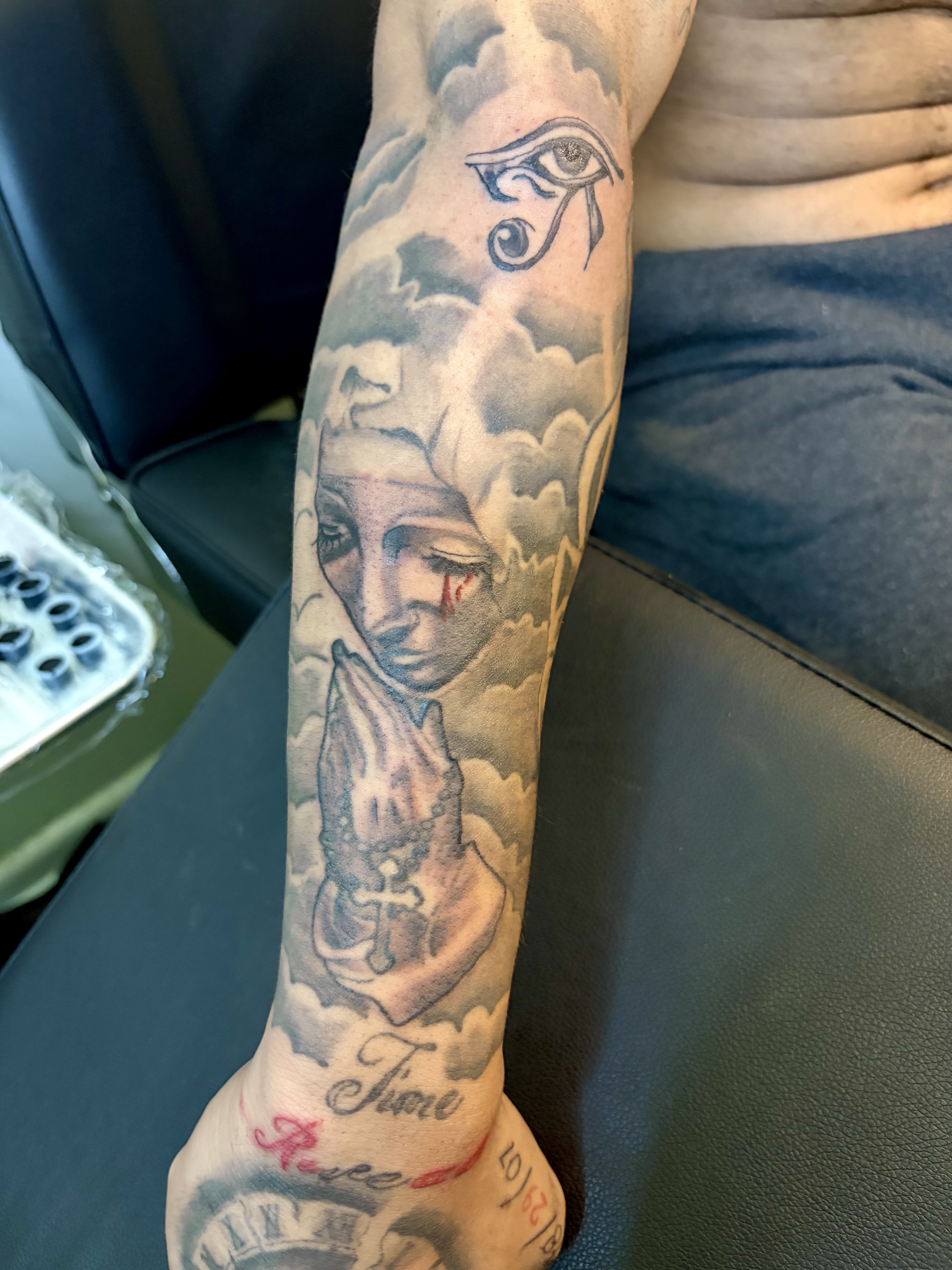Realism + Black & Grey wheeping mary realism sleeve with added bonuses tattoo by ink_bykey on TattMe