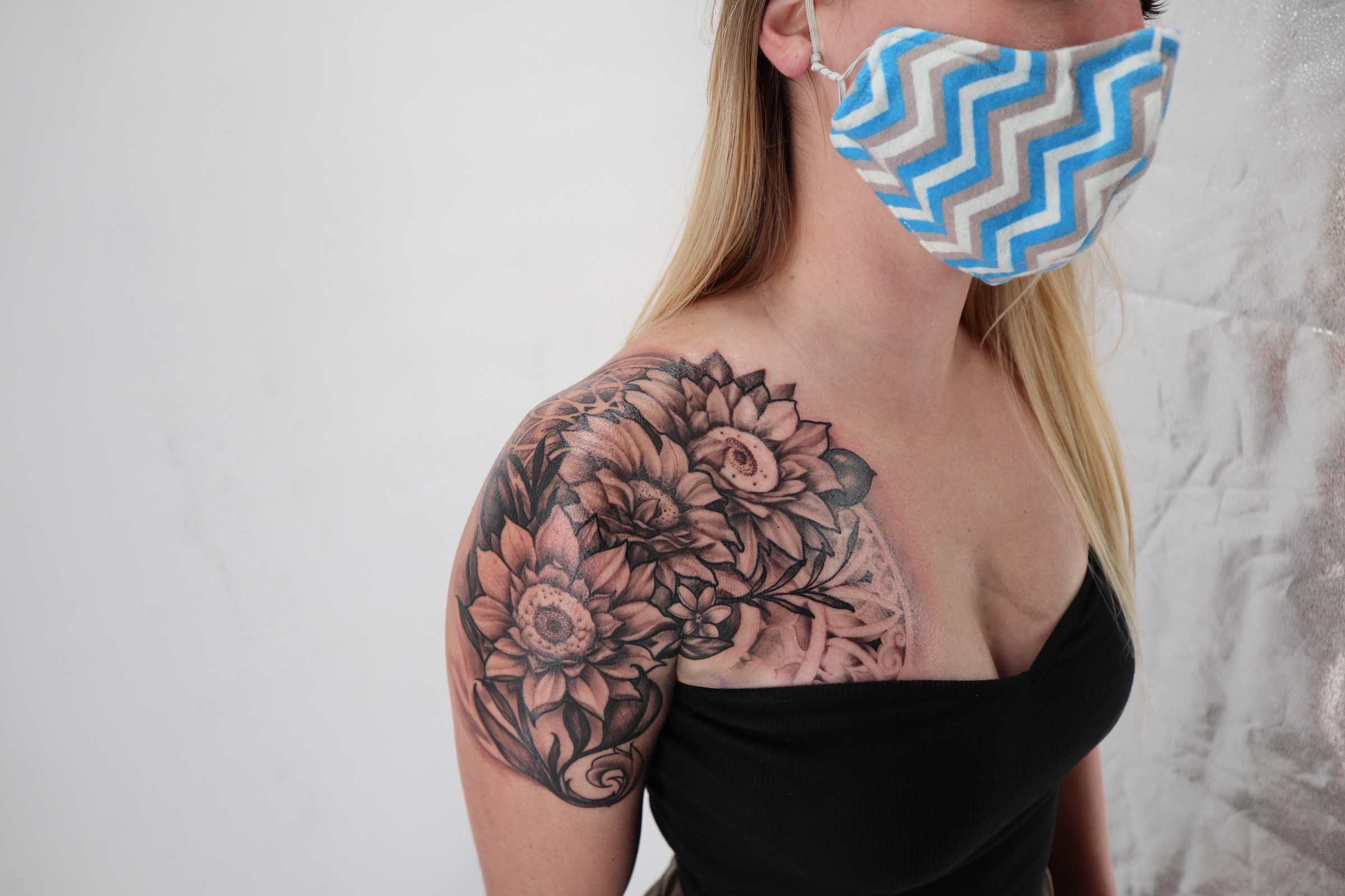 Floral + Black & Grey flowers tattoo on Shoulder by Juanyane on TattMe
