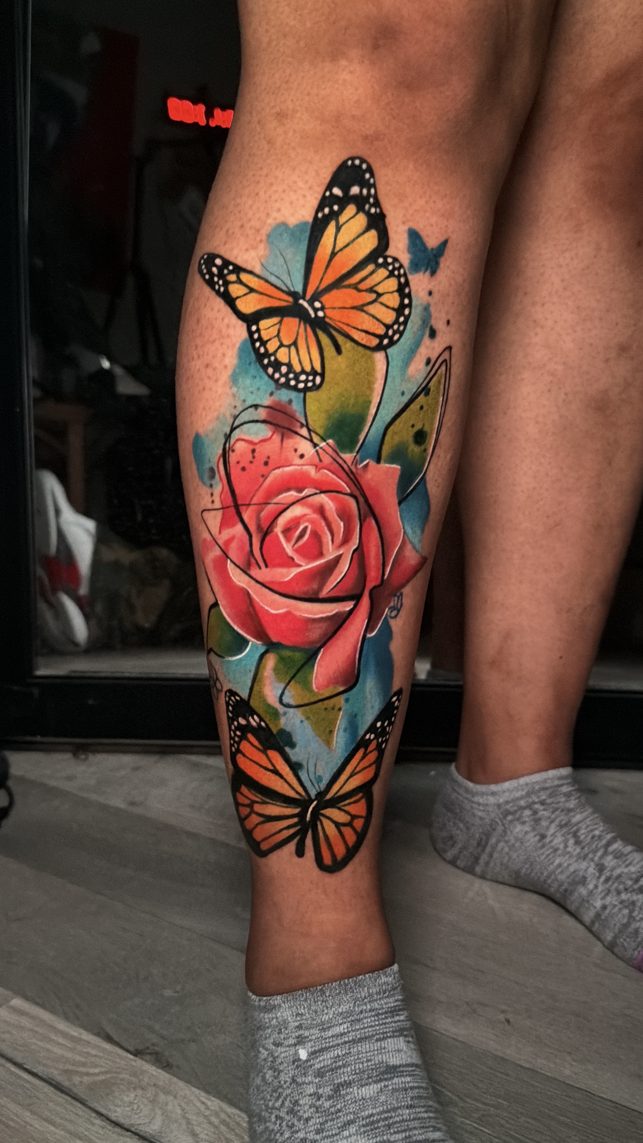 Color + Watercolor butterflies tattoo on Shin by ARTWORLDINK on TattMe