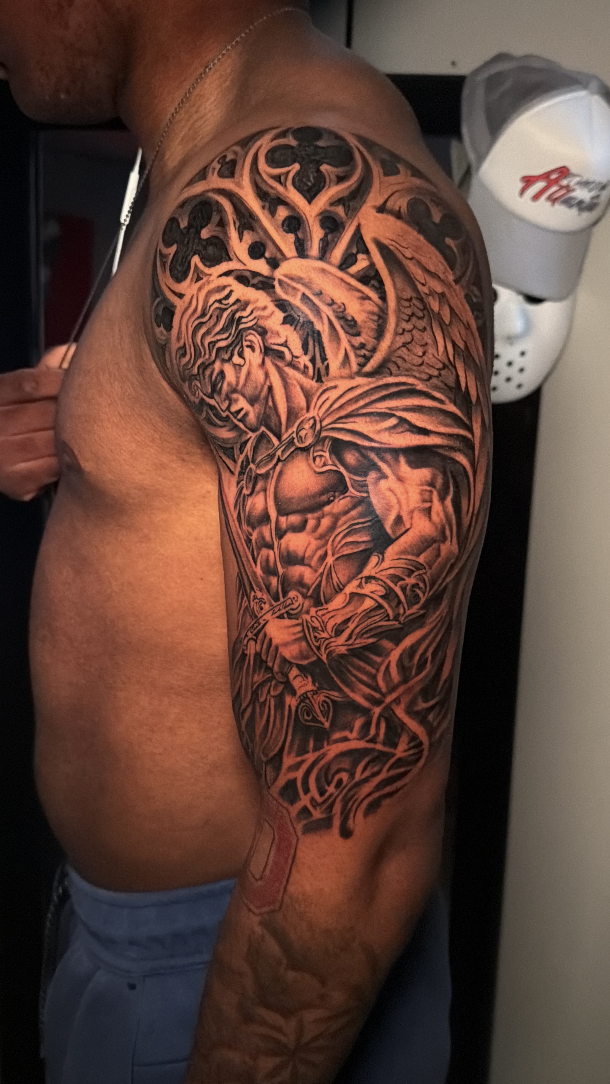 Black & Grey + Realism angel tattoo on Upper Arm by ARTWORLDINK on TattMe