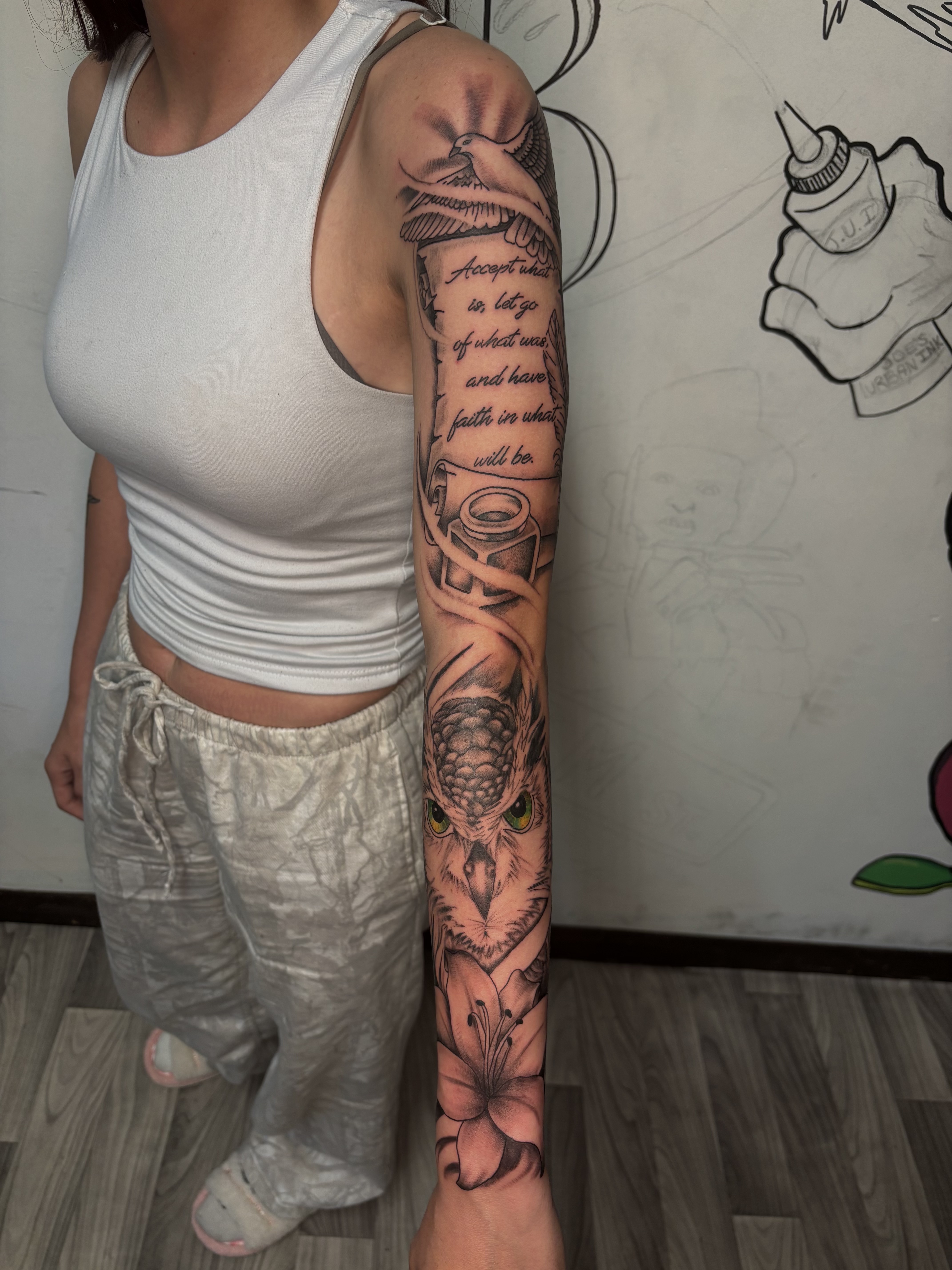 Black & Grey + Realism owl tattoo on Full Sleeve by TatsByDaVinci on TattMe
