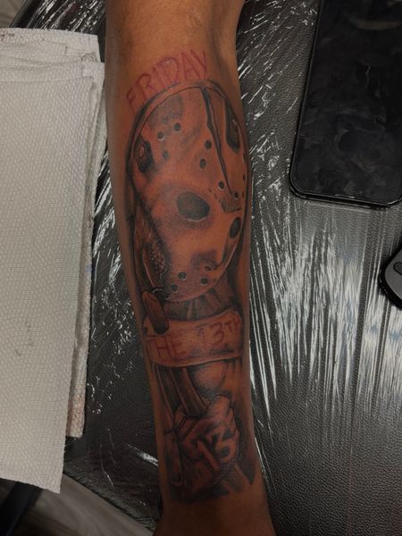 Black & Grey + Illustrative jason voorhees tattoo on Forearm by TatsByDaVinci_ on TattMe