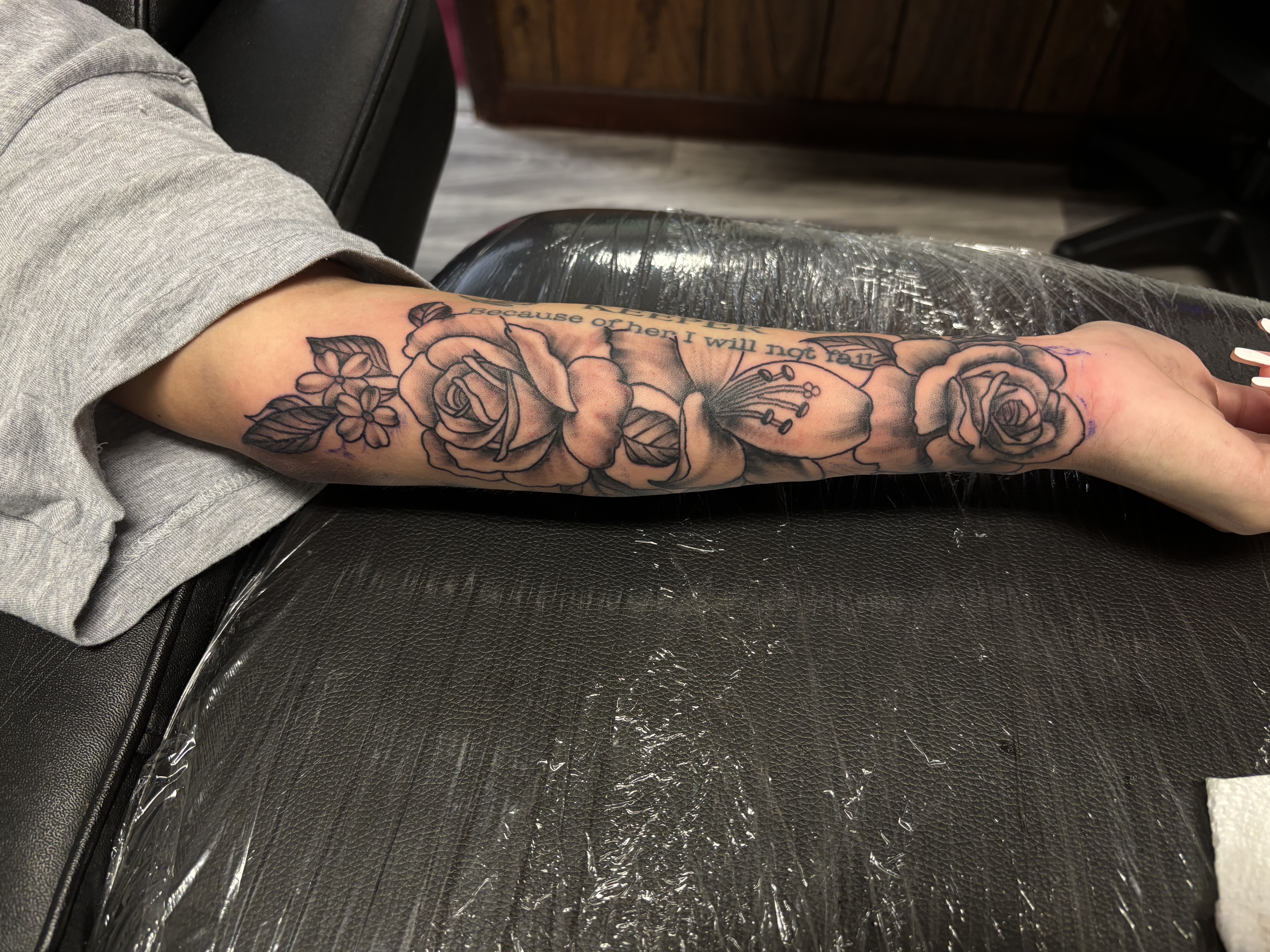 Black & Grey + Floral roses tattoo on Forearm by TatsByDaVinci on TattMe