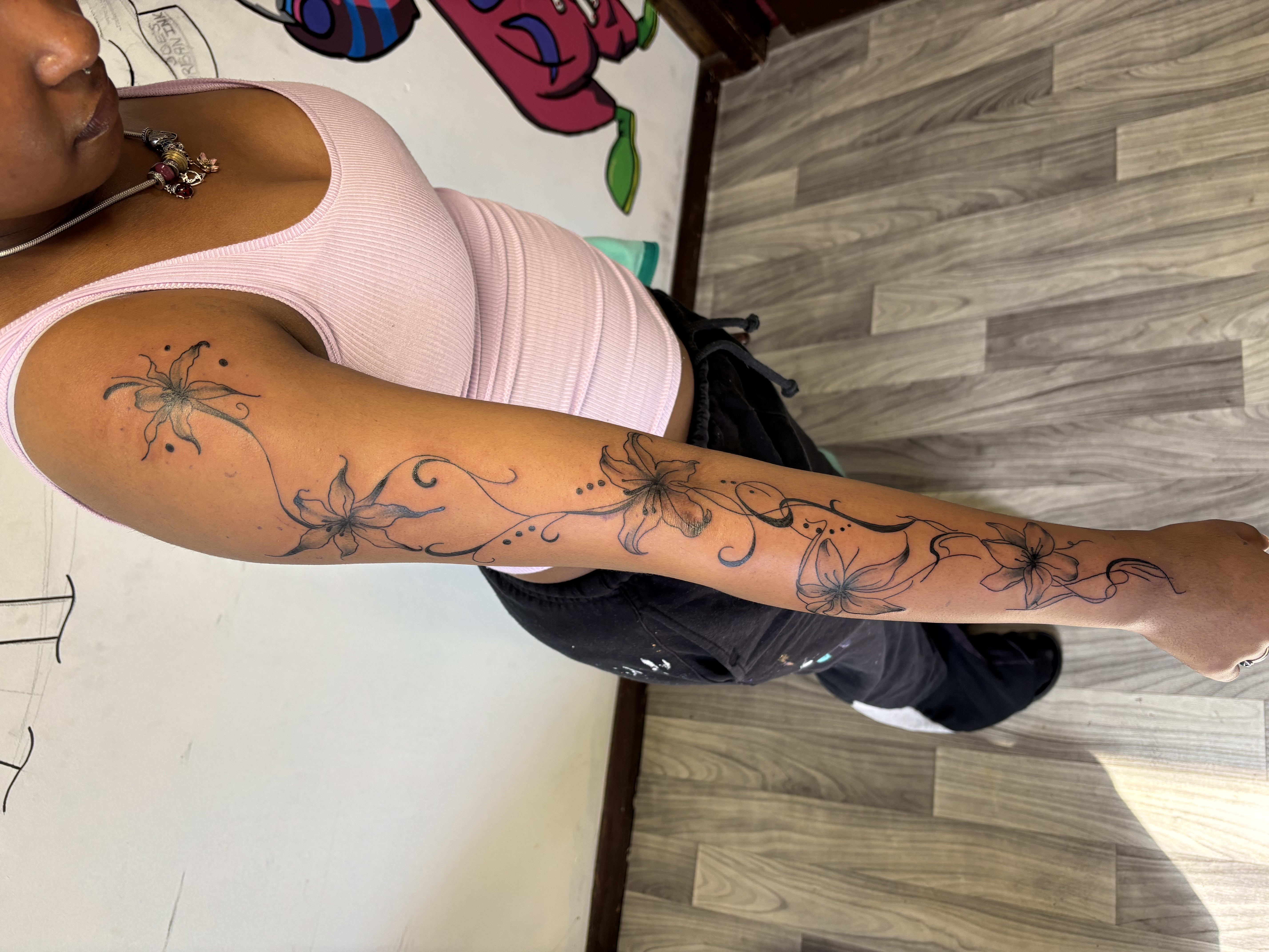 Fine Line + Floral flowers tattoo on Full Sleeve by TatsByDaVinci on TattMe