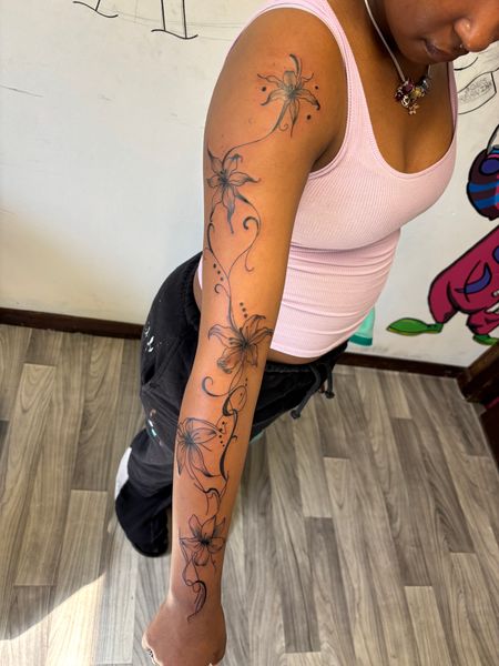 Fine Line + Floral flowers tattoo on Full Sleeve by TatsByDaVinci_ on TattMe