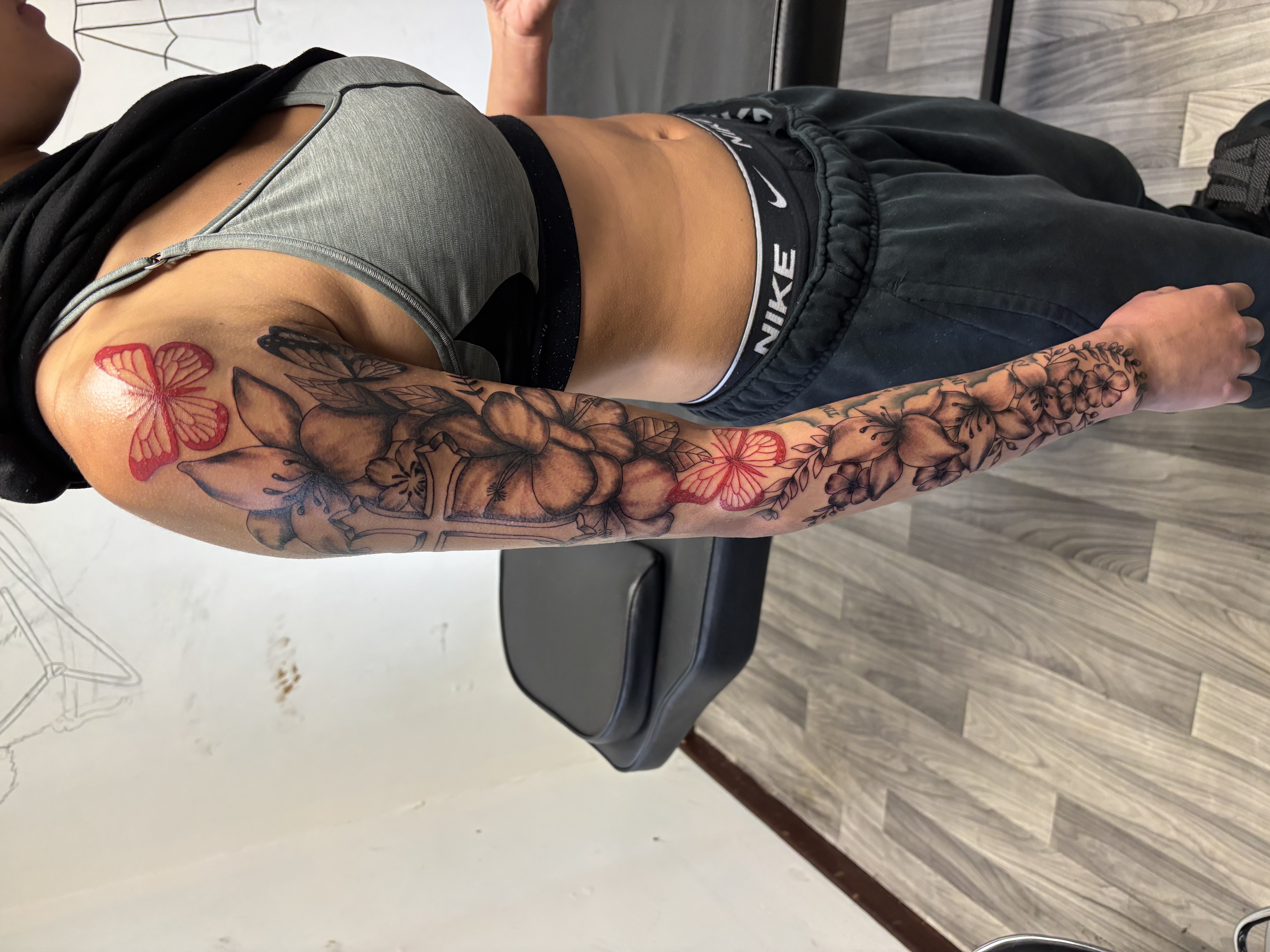 Black & Grey + Floral flowers tattoo on Full Sleeve by TatsByDaVinci on TattMe