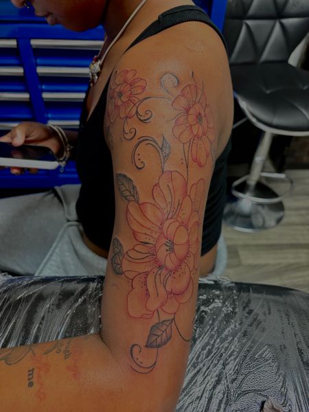 Floral + Fine Line flowers tattoo on Half Sleeve by TatsByDaVinci_ on TattMe